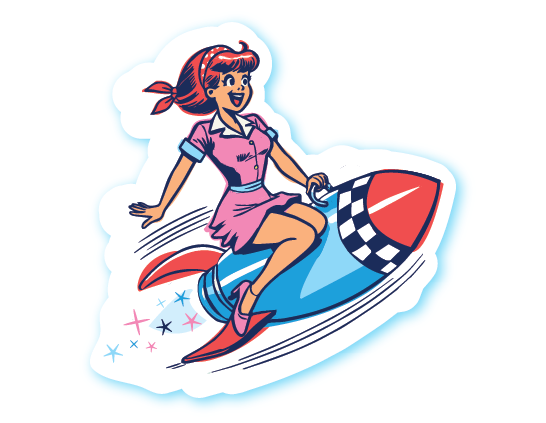 cutie patootie mascot waitress on rocket