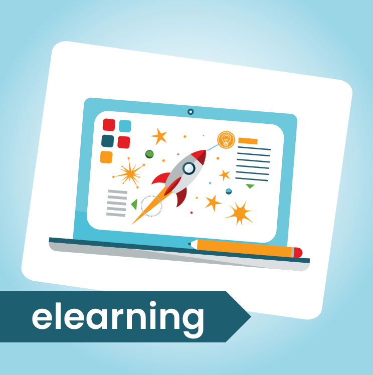 elearning icon featuring laptop and classic rocket design on screen